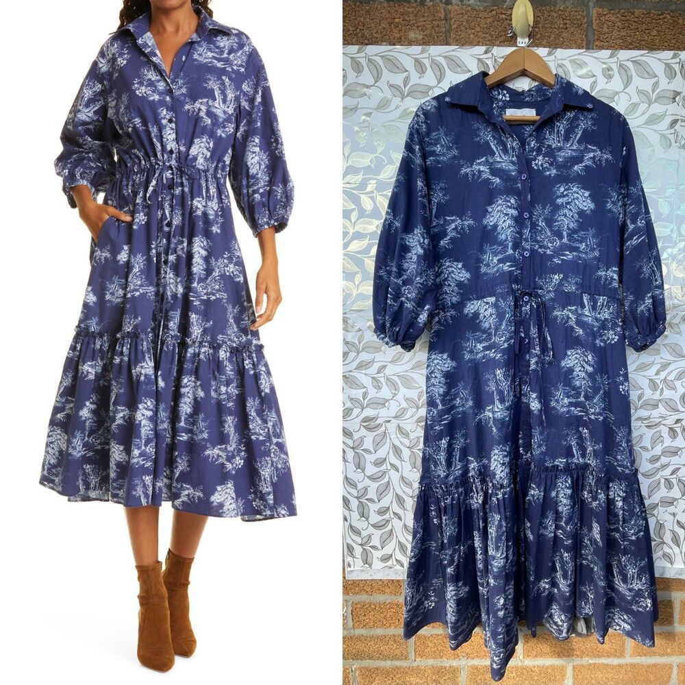 Cara Cara Quiet Luxury Blue Toile Cotton Button Midi Dress Large